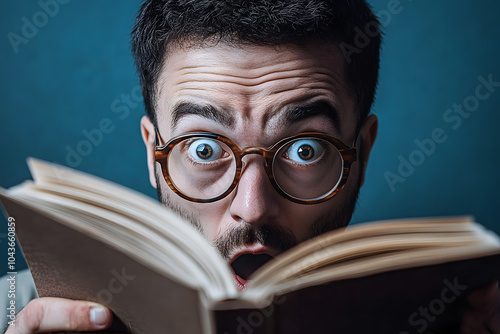 Homme surpris avec des gros yeux, en lisant un livre