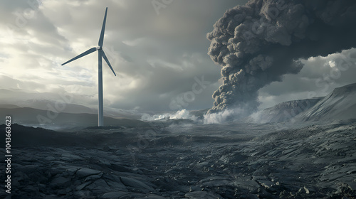 Wind turbine on a volcanic ash and smoke, a contrast between natural forces and green energy. Volcanic Ash Plains. Illustration