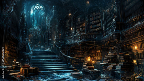 The shadows of knowledge: a glimpse into a gothic librarys heart. Arcane Library. Illustration