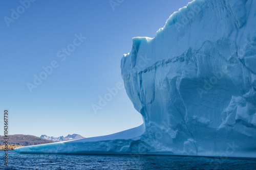 View of glaciers and icebergs in the fjords of South Greenland.