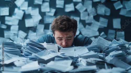 Financial Stress Burdened Individual, overwhelmed by a mountain of bills and overdue notices, conveying anxiety and urgency in a cluttered environment filled with paperwork