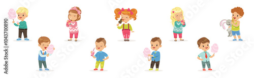 Cute Boy and Girl Character Eat Sweet and Sugary Treat Vector Set