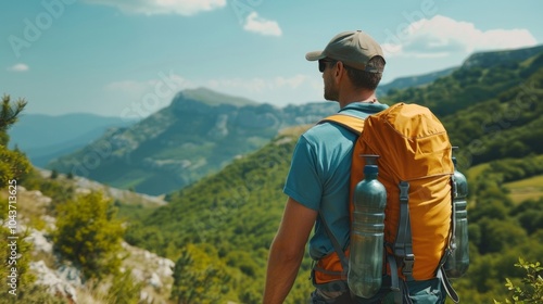 A man in sunglasses and a baseball cap hikes up a scenic mountain trail backpack and water bottle hinting at a day filled with . .