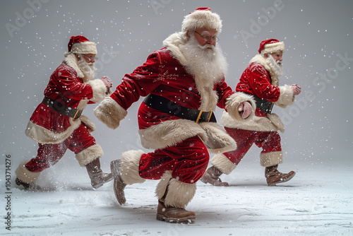 three Santa Clauses running forward in snow, full-length view, dynamic action, winter scene, holiday costumes, traditional red and white outfits, festive background.