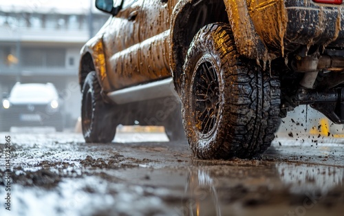 Mud-splattered SUV conquers rugged terrain, leaving a trail of adventure. Powerful wheels churn through the muck.