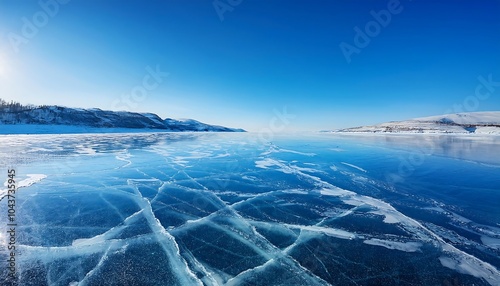 Vast frozen lake with deep blue ice and intricate cracks under a clear sky during winter. Generative AI