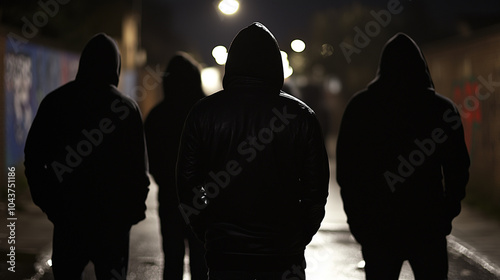 A group of youths wearing hoodies in a bleak urban setting, there is a sense of danger or criminal intent, gang activity - landscape ratio 16:9