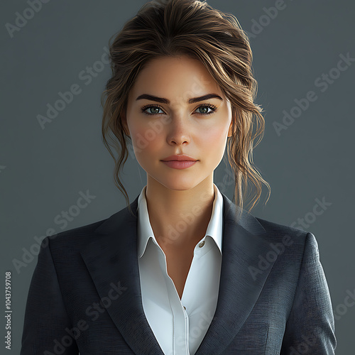 A confident woman in tailored suit exudes professionalism and poise, showcasing her strong presence and determination. Her striking features and elegant hairstyle enhance overall impression of sophist