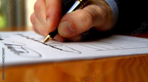 A close shot of a hand signing a document with shaky fingers, representing the finality of a fateful contract.