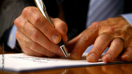 A close shot of a hand signing a document with shaky fingers, representing the finality of a fateful contract.