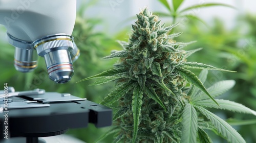 Microscope examining cannabis plant, detailed view on buds and leaves.