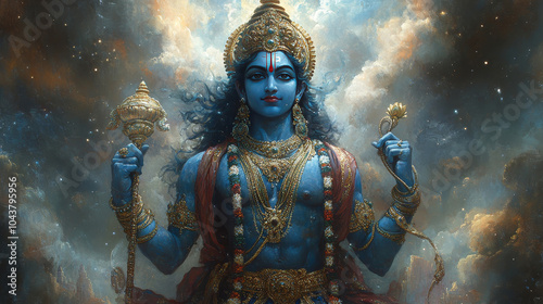 a hindu god vishnu with starry space galaxy background