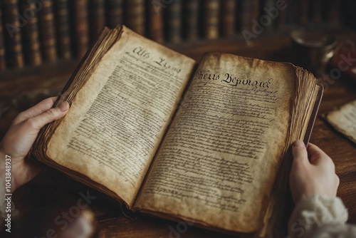 Close-up of a person reading the U.S. Constitution, with focus on the text.