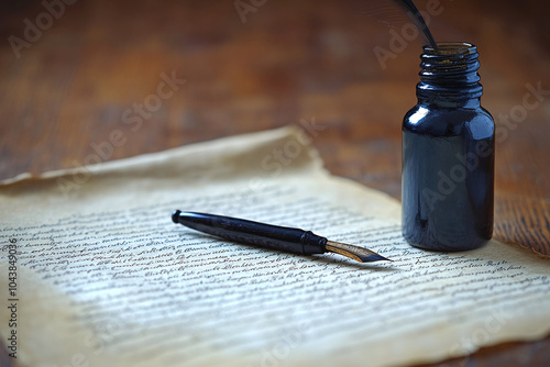 Close-up of the U.S. Constitution document with a quill pen and ink bottle.