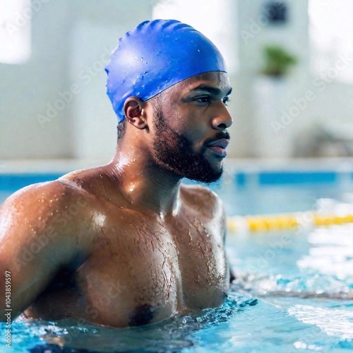 Shallow focus eye-level shot of a multiracial male swimmer taking a breath during a race, with emphasis on his face and upper body, while the surrounding water and pool details are softly out of focus