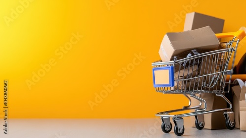 A small shopping cart is overflowing with neatly stacked cardboard boxes against a vibrant yellow backdrop, symbolizing a busy retail or e-commerce setting.