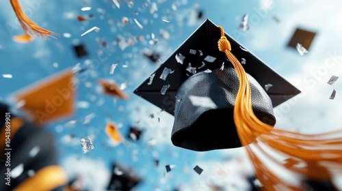 A black graduation cap with a yellow tassel floats in a sky filled with scattered confetti, symbolizing pride and the culmination of years of academic effort.