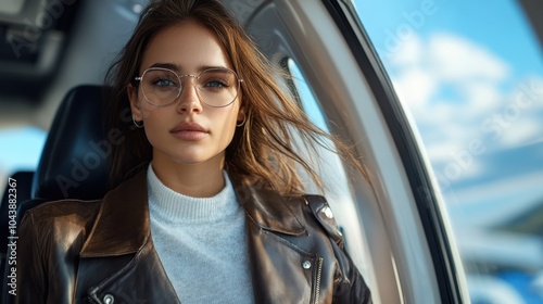 A woman wearing stylish glasses and a brown leather jacket is sitting by an airplane window, gazing outward, capturing a moment of travel elegance and adventure.