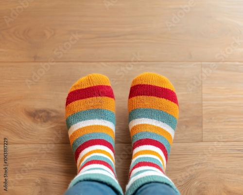 Colorful striped socks on wooden floor, cozy and warm. Bright design brings comfort and style to any room. Perfect for winter relaxation.