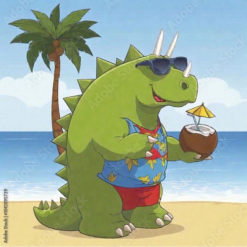 A goofy cartoon Stegosaurus wearing sunglasses and a Hawaiian shirt, relaxing on a beach with a coconut drink