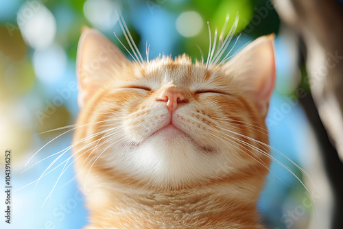 Banner capturing blissful orange tabby cat basking sunlight amidst lush leaves natural vibrant background image