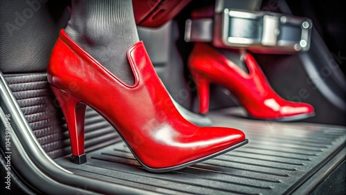 Red high heel boots pushing the accelerator with leading lines