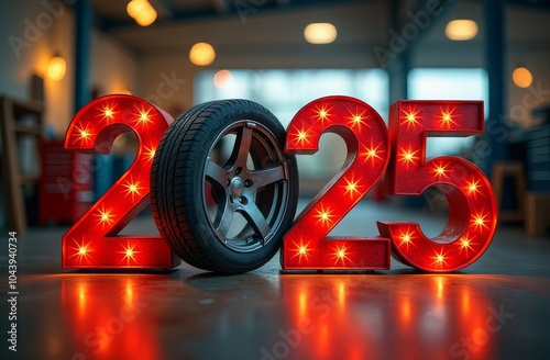 Numbers "2025" in the background is a figure of auto mechanic in a car repair shop 