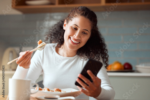 Happy, woman and phone with sushi in kitchen for nutrition, information and good review on website. Smile, chopsticks and female person with technology at home for healthy, meal and feedback on food