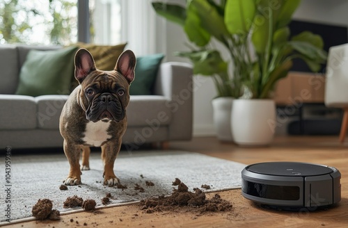 A curious French Bulldog observes a robotic vacuum cleaning dirt on a living room floor