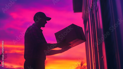 An Enthusiastic Delivery Person Presenting a Package at Sunset, Bringing Warmth and Friendliness to the Residents