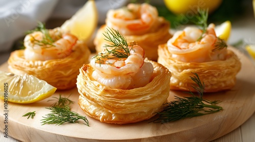 Puff pastry vol-au-vents with shrimp and dill, on a light wooden board, decorated with lemon wedges and dill sprigs