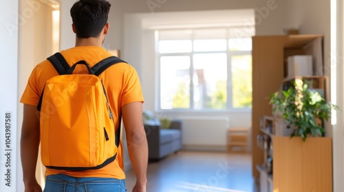 A person with a backpack enters a sunlit room, showcasing a casual approach to home living. The modern setting emphasizes relaxed and comfortable living spaces.