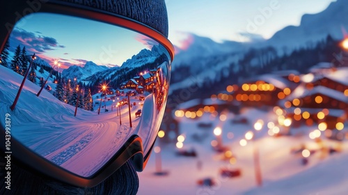 Scenic Snowy Mountain Resort Reflected in Ski Goggles at Twilight with Festive Village Lights Tagi: