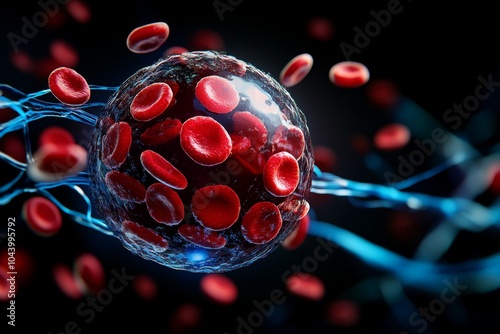 3D rendered microscopy of platelets, showing their detailed, irregular shapes in a blood vessel environment