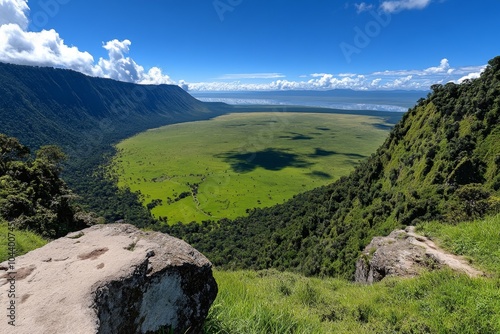 Ngorongoro Crater in Tanzania, with its lush green floor and abundant wildlife, viewed from the rim of the crater