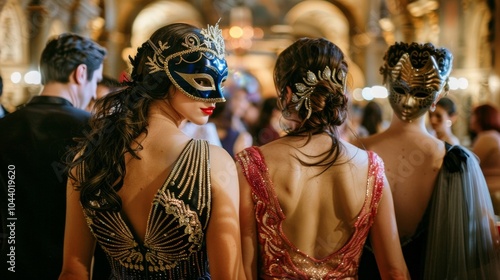 A group of guests all wearing masks stand with backs towards the camera mirroring the grandeur of the ornate arches surrounding . .