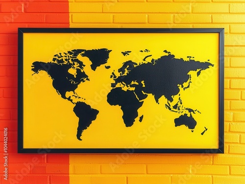 A modern map of the world in black against a vibrant yellow background, framed and displayed on a textured wall.