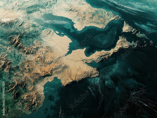 Aerial view of a rugged coastline with landmasses and water bodies, showcasing the natural geography and terrain variations.