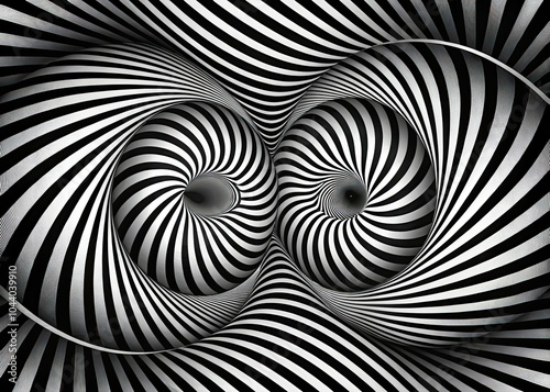 Optical Art Double Exposure with Twisted Stripes in Black and White Abstract Background