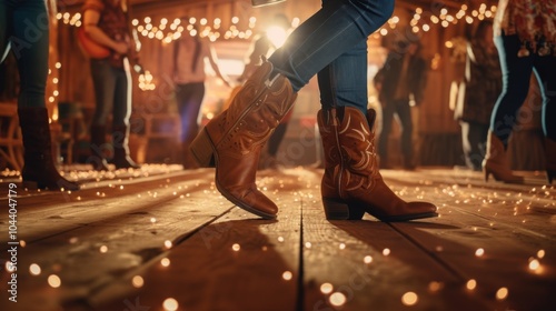 Cowboy boots dance in sync on a wooden floor, surrounded by glowing string lights, capturing the lively spirit of an evening gathering.