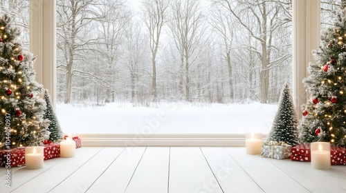 The large window frames a snowy landscape, highlighting small Christmas trees and warm candles, creating a cozy winter atmosphere filled with tranquility and beauty