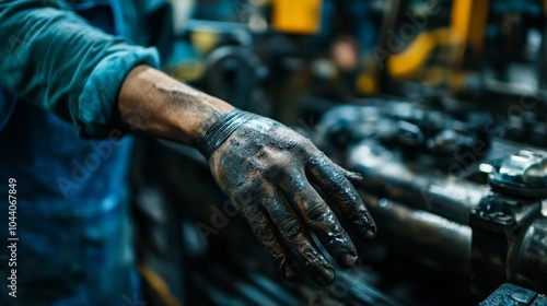 The calloused hands of a factory worker amidst noisy machinery, Reflecting labor exploitation in industrial settings, close-up photography style