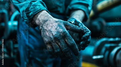 The calloused hands of a factory worker amidst noisy machinery, Reflecting labor exploitation in industrial settings, close-up photography style