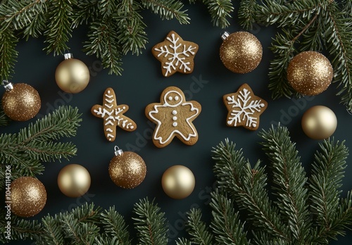 An isolated 3D render of Christmas clipart on a blue background shows ornaments, a green spruce, glass balls, and gingerbread cookies.