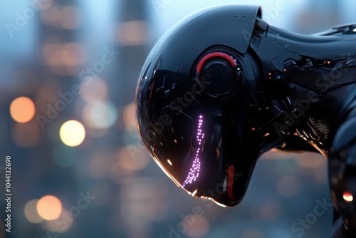 A dark, sleek robot stands over a city, its face aglow with neon lights, capturing the spirit of a futuristic urban landscape filled with innovation and energy.