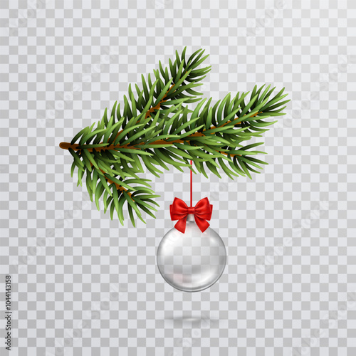 Christmas tree ball with red ribbon and green fir branche isolated on transparent background. Vector glass xmas ornament, pine evergreen plant element template