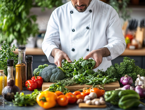 Ein Koch bereitet in der Küche frische und gesunde Speisen vor, Vegetarische Küche im vegetarischen Restaurant