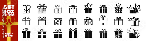 Present gift box icons set. Christmas and birthday gift icon illustration vector symbol isolated. Line and silhouette style