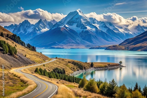 Scenic view of road by Lake Pukaki with Mount Cook in background