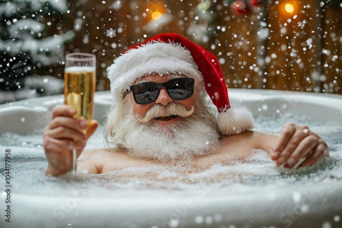 Santa Claus wearing sunglasses is enjoying a relaxing soak in a hot tub with a glass of champagne while it snows